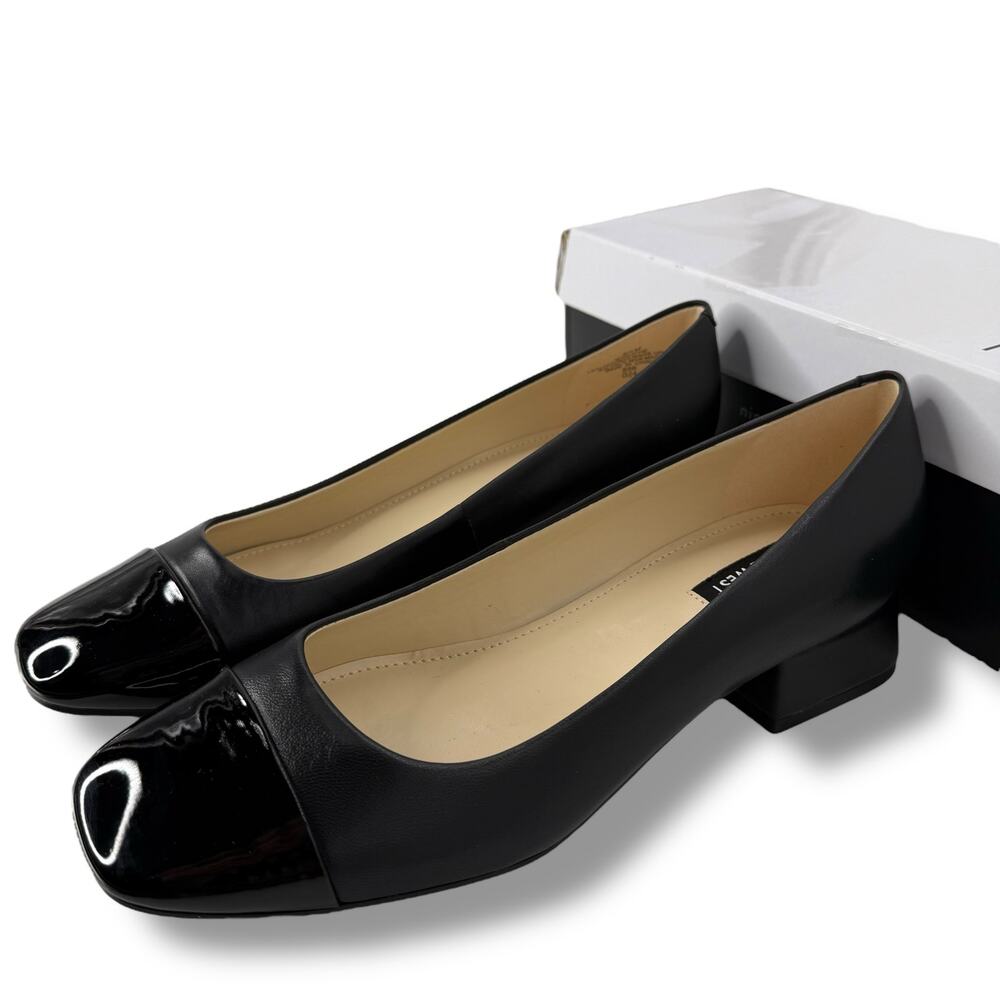 Nine West Black Leather Cap-Toe Low Block Heel Flats - Picture 6 of 11